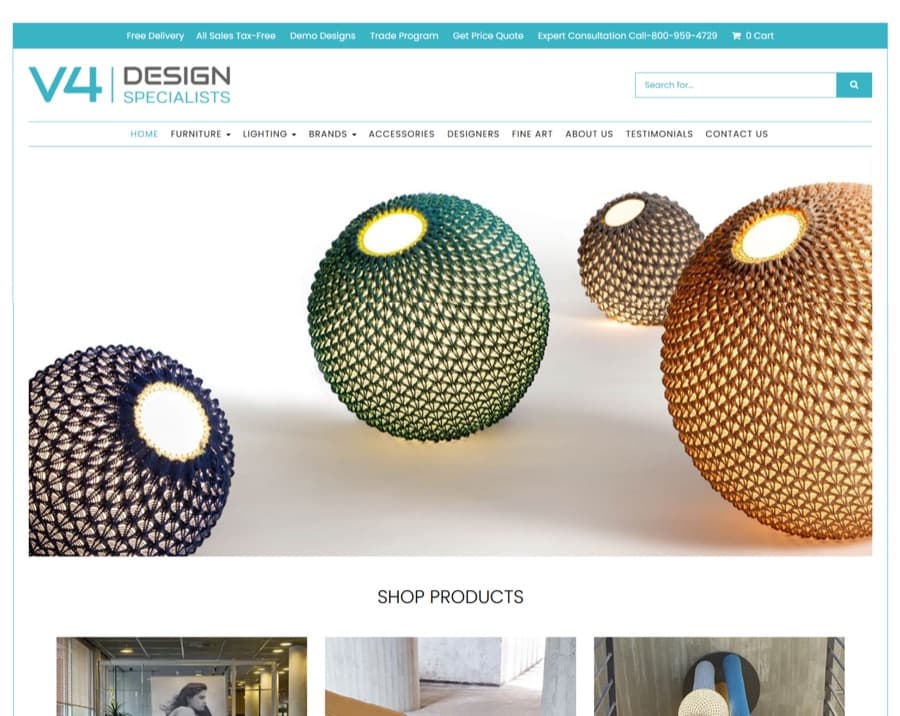 V4 Design Specialists website homepage showing luxury furniture and lighting products