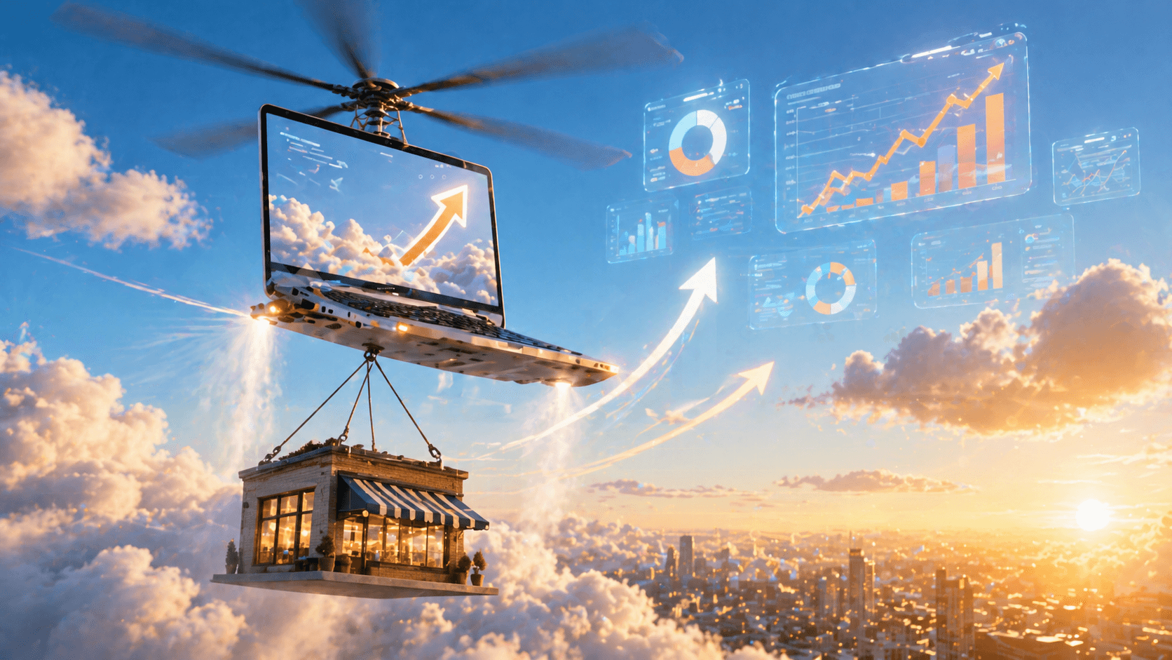 Laptop lifting a business upward into the clouds where positive analytics dashboards and growth metrics await
