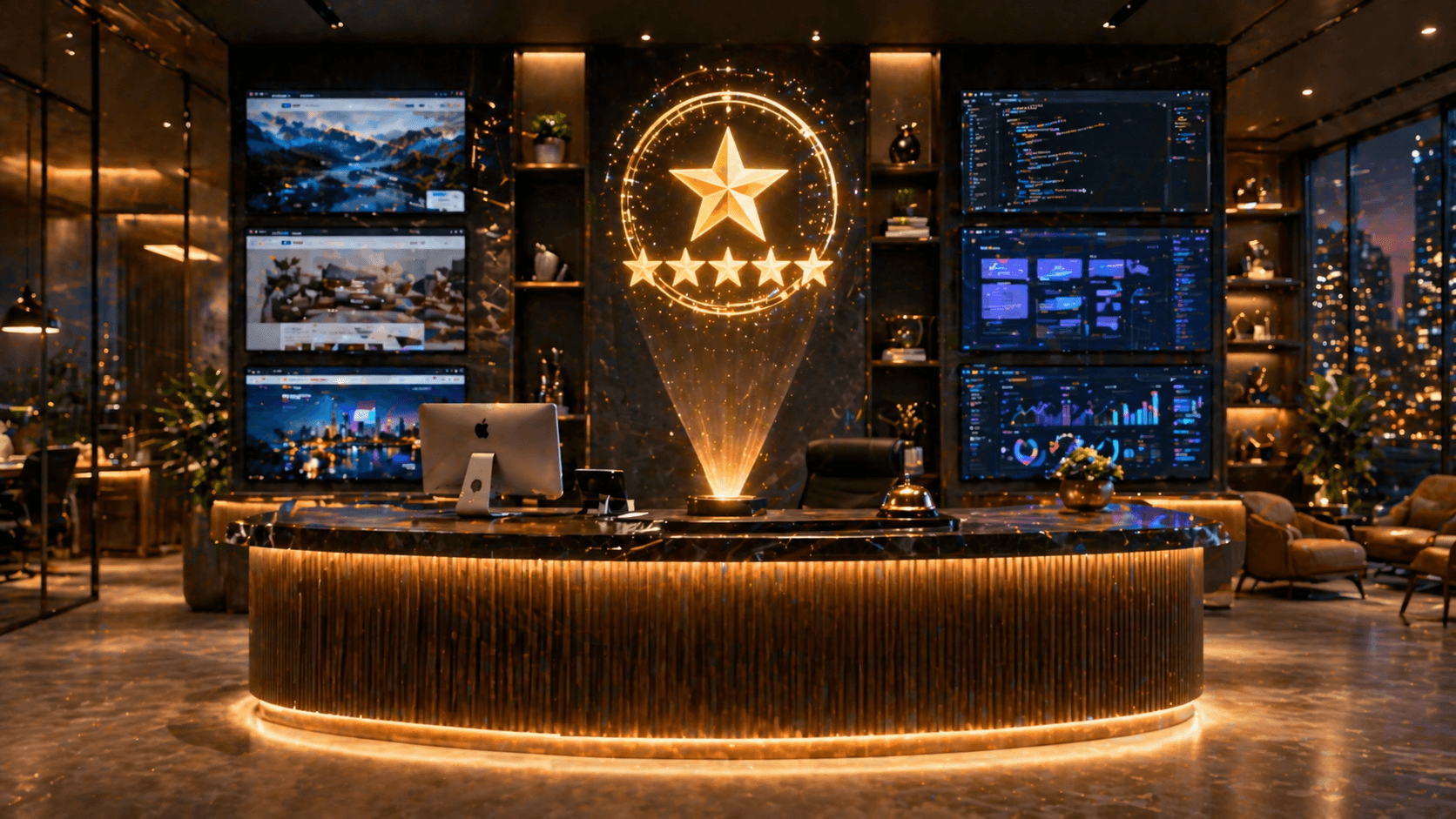 Premium web services agency showroom with 5-star hologram, web design mockups, and marketing dashboards on display