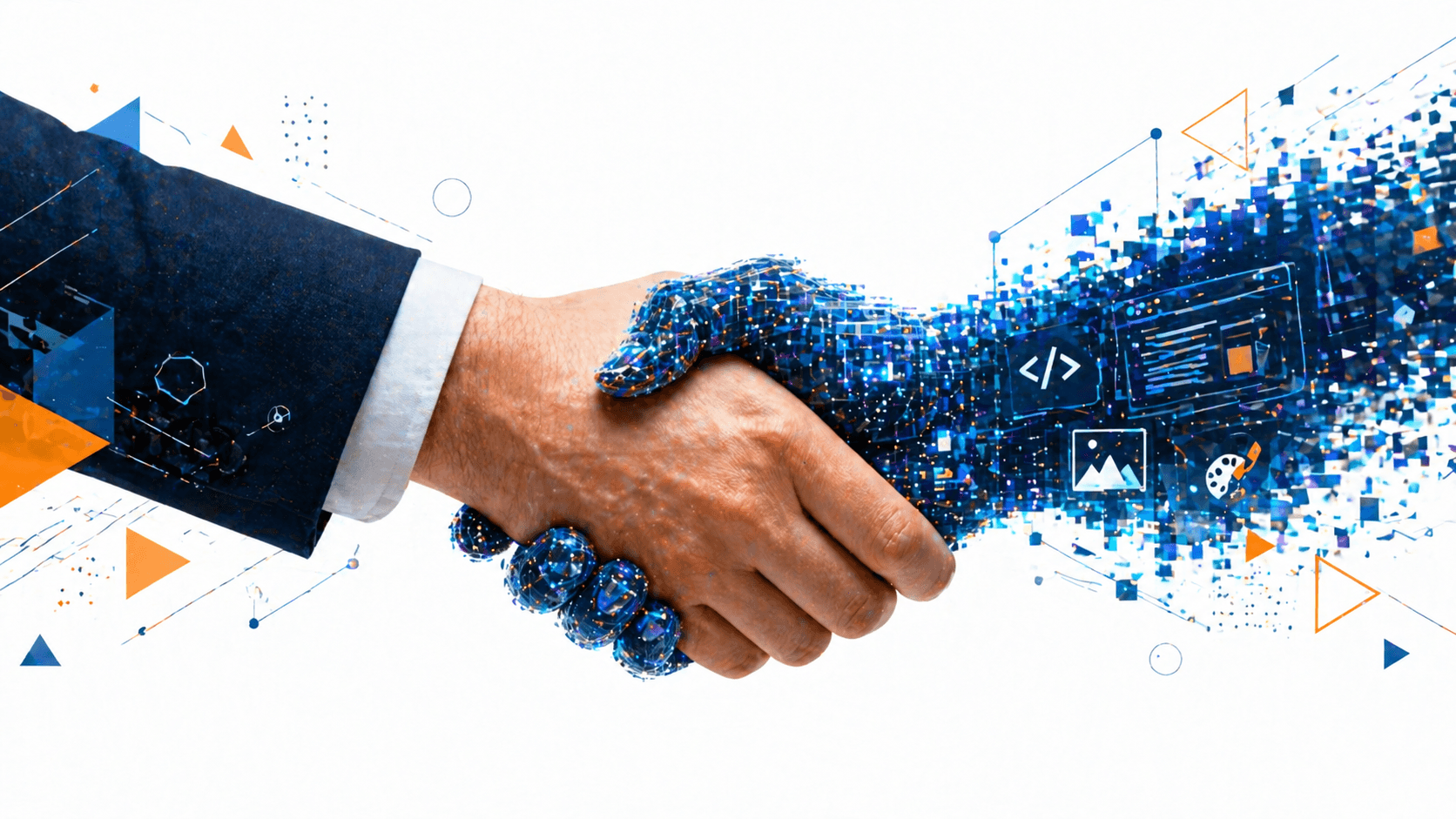 Handshake between a business owner and a digital hand made of code and design tools representing a trusted web partner