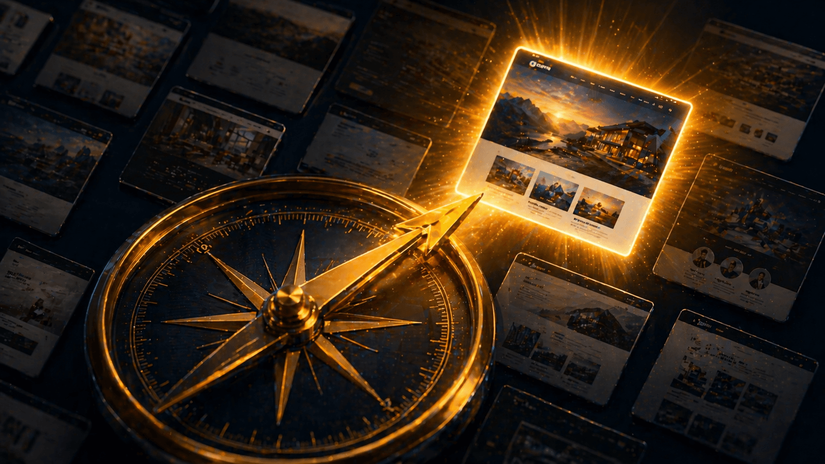 Compass needle pointing to a glowing perfectly designed website among dimmed alternatives, representing the best web design choice