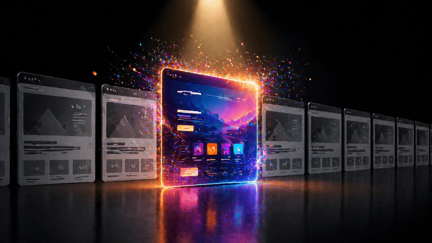 Colorful glowing website design standing out from a row of gray identical template websites under a spotlight