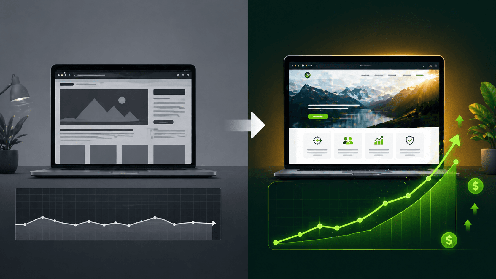 Before-and-after comparison showing poor web design with flat sales versus quality redesign with skyrocketing sales graph