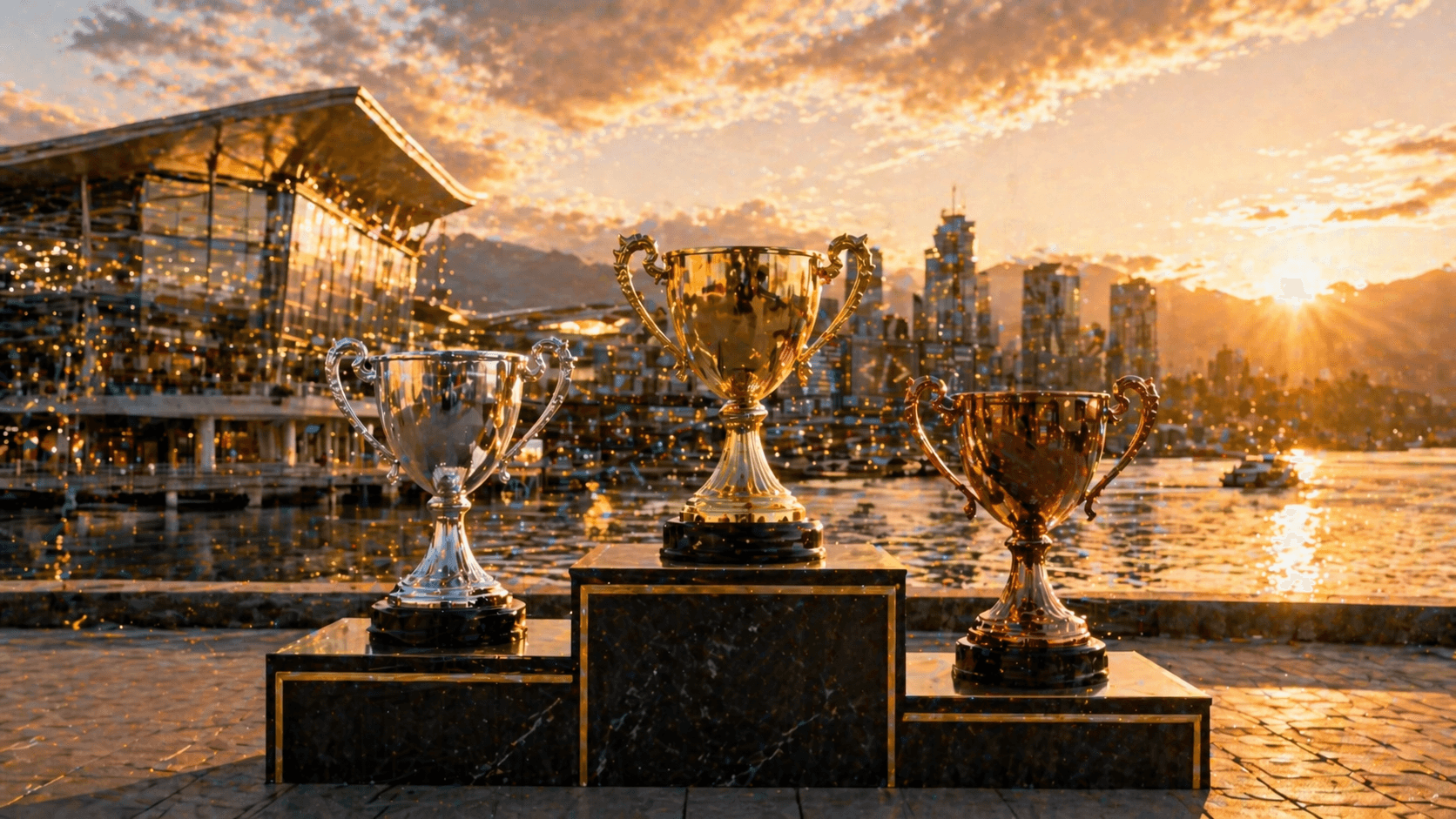 Award podium with marketing excellence trophies on Vancouver's waterfront with Convention Centre in background