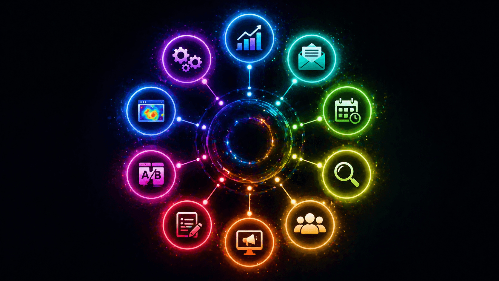 Ten essential digital marketing tool icons arranged in a circle including analytics, SEO, CRM, email, and automation