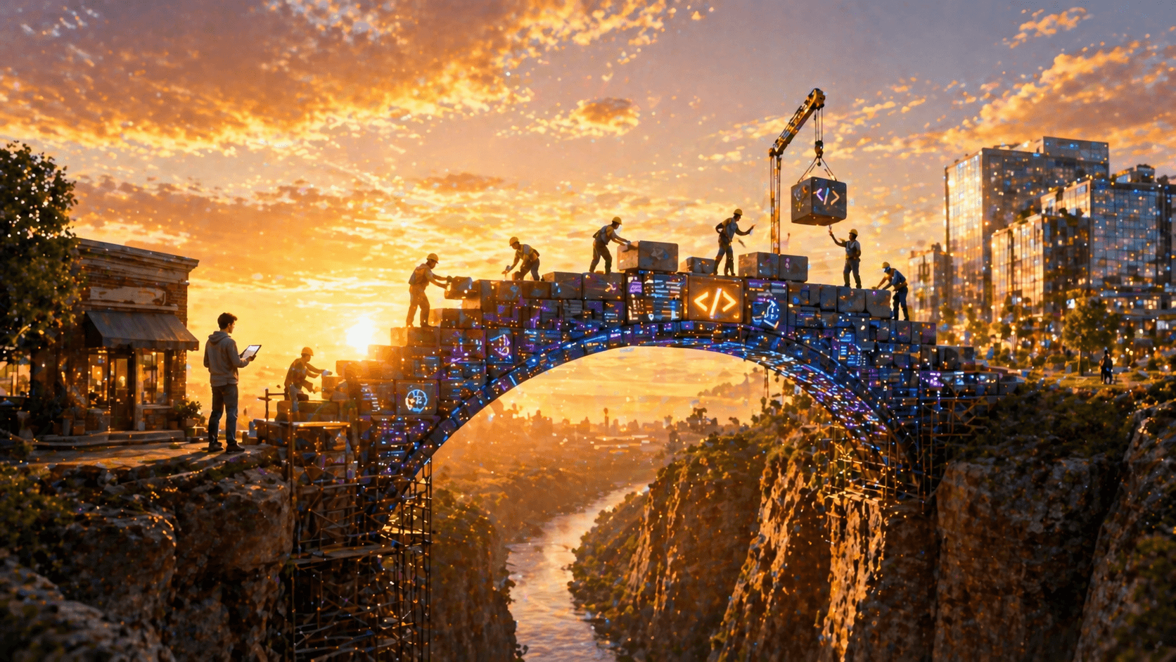 Bridge built from code blocks connecting a small business to a successful enterprise, symbolizing web development's role in growth