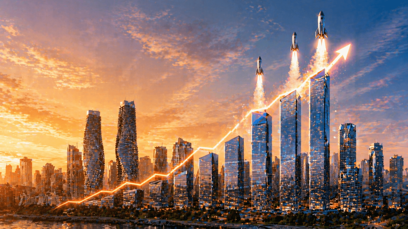 Mississauga skyline-shaped bar chart growing taller with digital marketing rockets boosting business growth