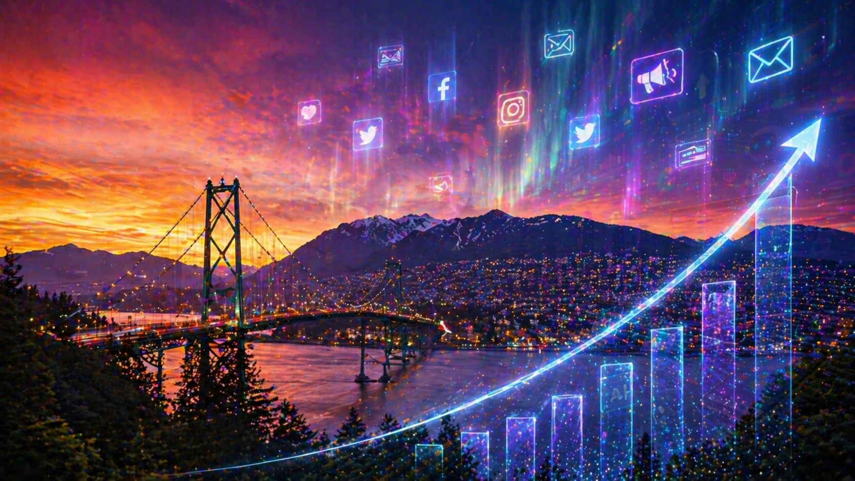 Vancouver Lions Gate Bridge and mountains with a rising business success graph and digital marketing icons in the sky