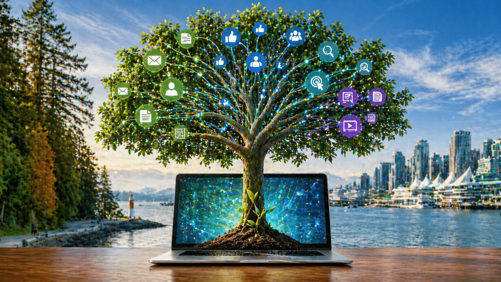 Business seedling growing from a laptop into a tree with marketing channel branches, Vancouver Stanley Park in background
