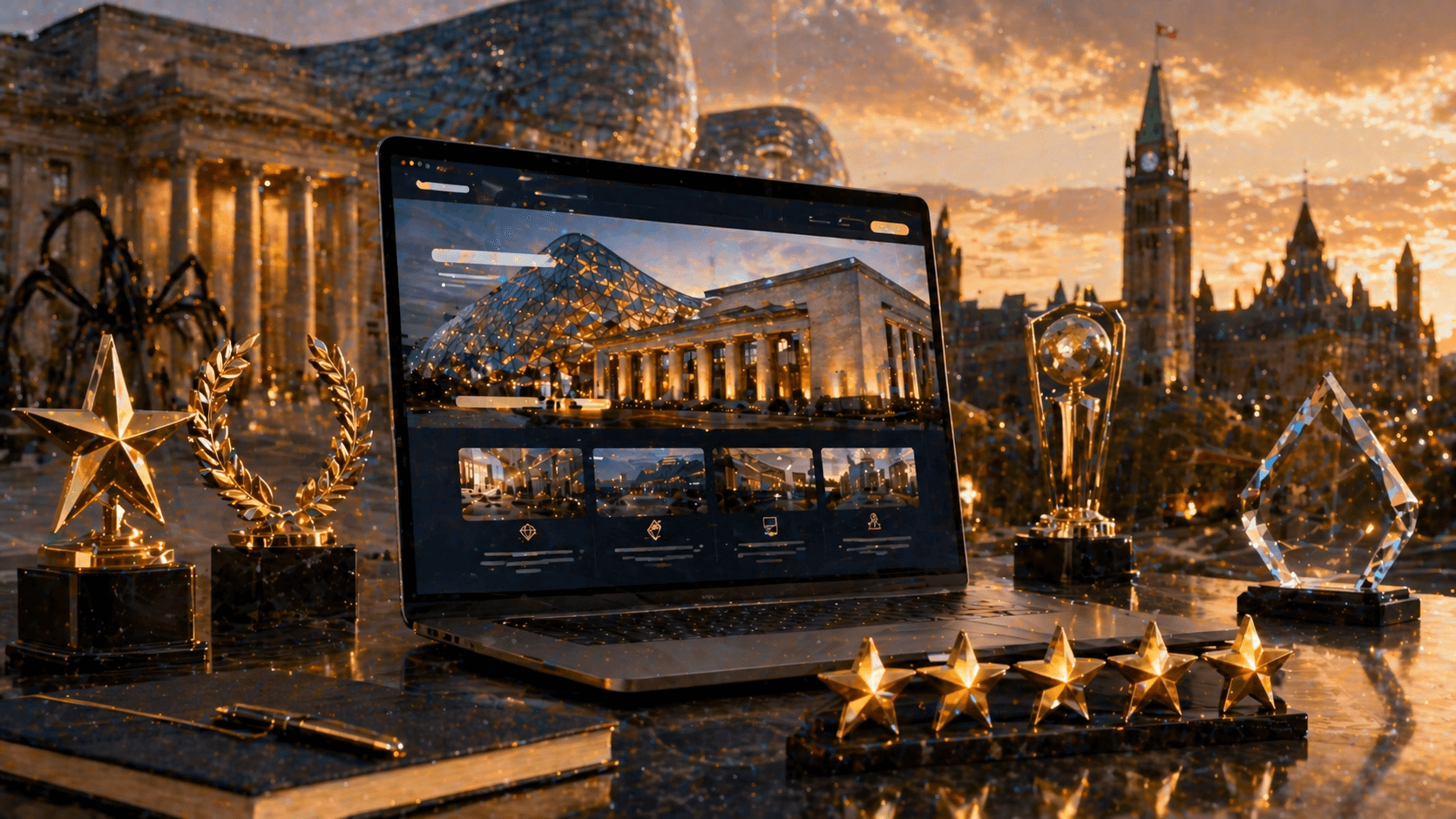 Five-star badges and award trophies around a laptop with Ottawa's National Gallery in the background