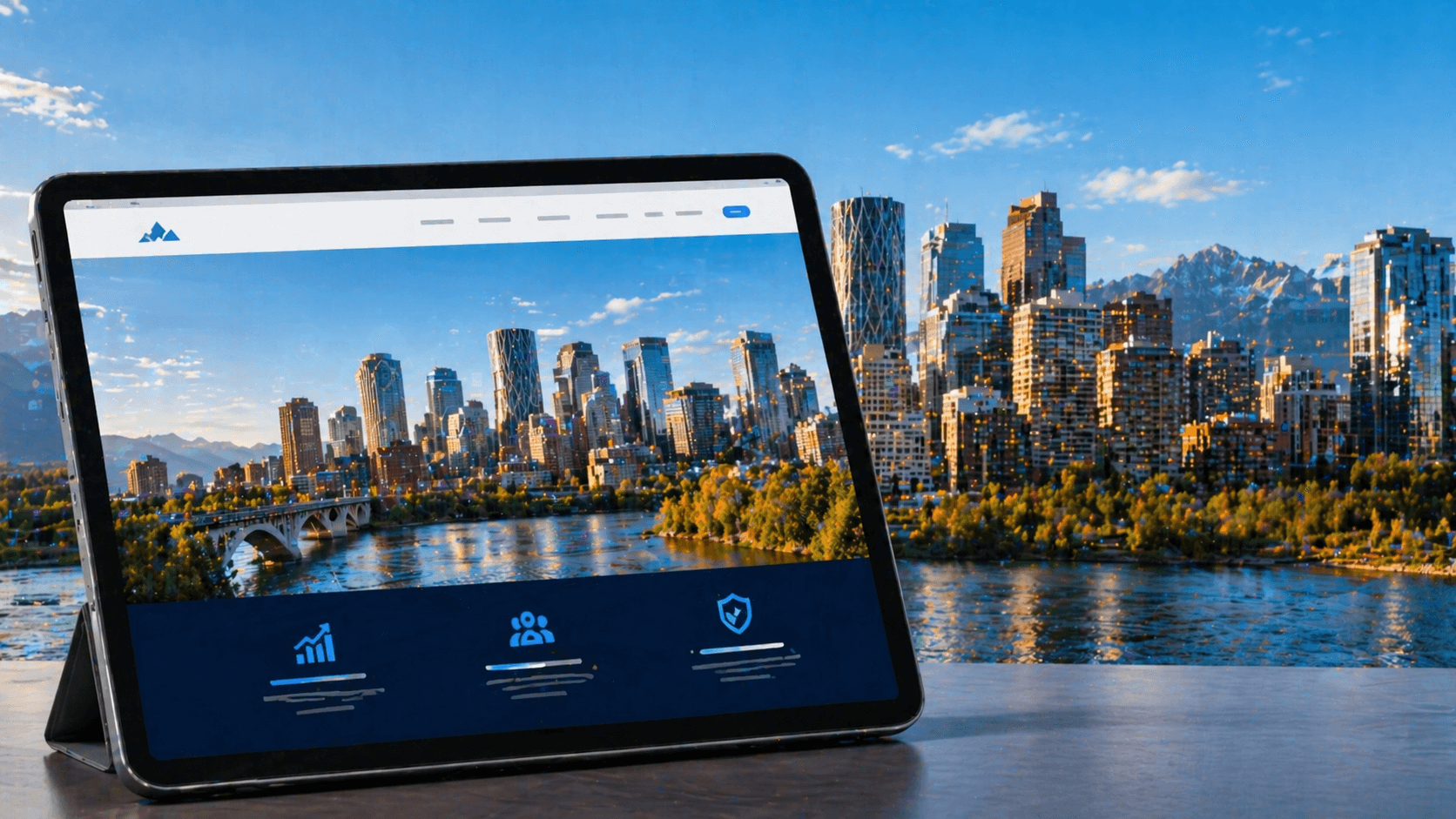 Calgary skyline with Bow River reflected on a tablet displaying a professionally designed business website with Rocky Mountains
