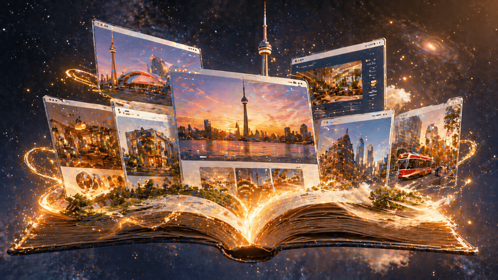 Open guidebook with 3D website designs popping out of pages featuring Toronto landmarks in warm golden light