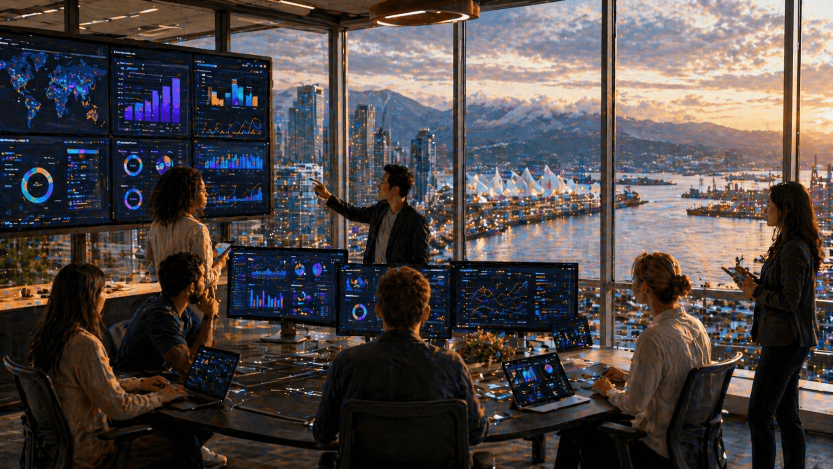 Digital marketing command center overlooking Vancouver harbor with campaign dashboards, analytics, and expert team strategizing