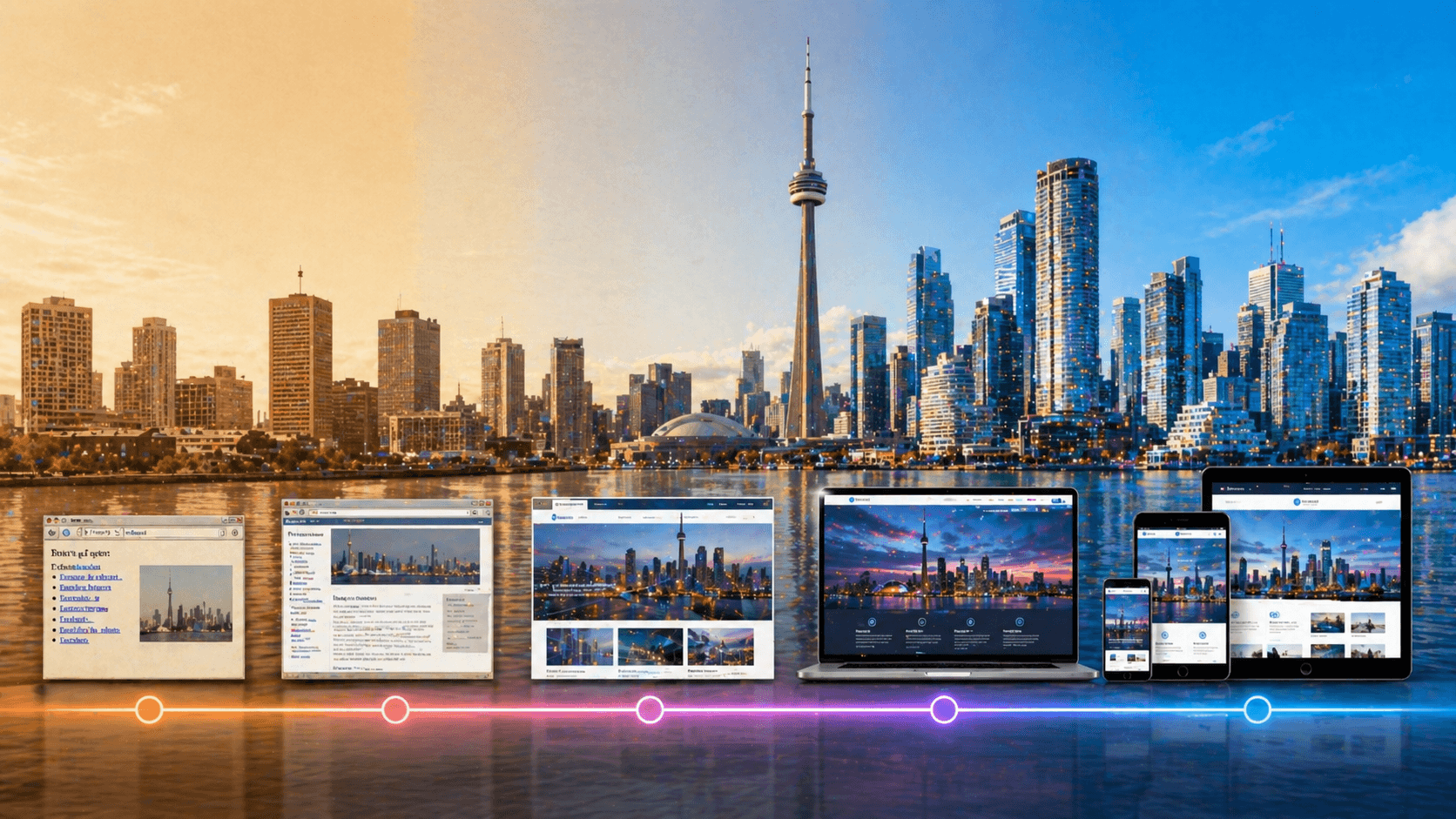 Timeline showing web design evolution from 1990s HTML to modern responsive design with Toronto's evolving skyline