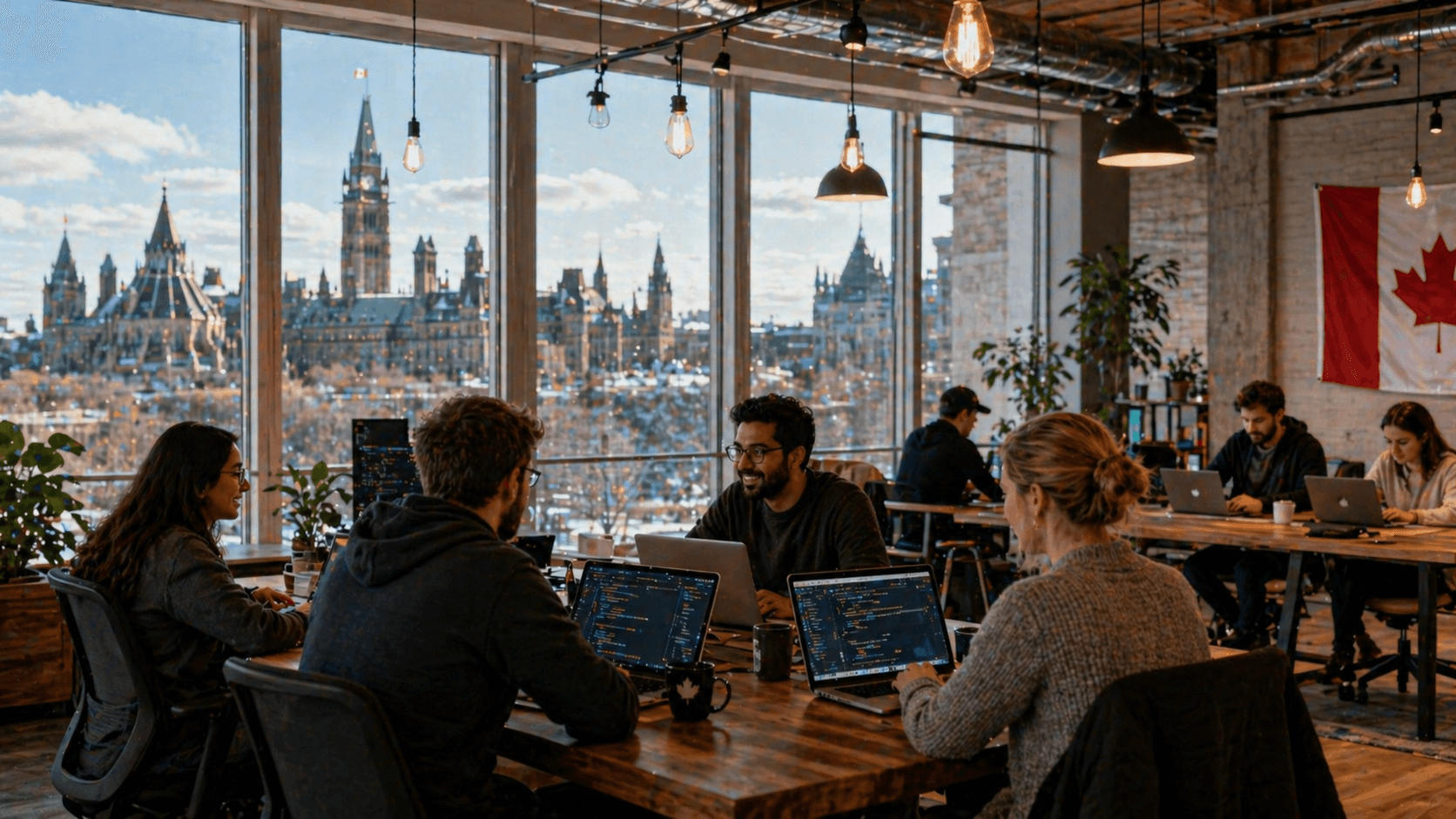 Modern Ottawa co-working space with Peace Tower view and developers collaborating on web development projects