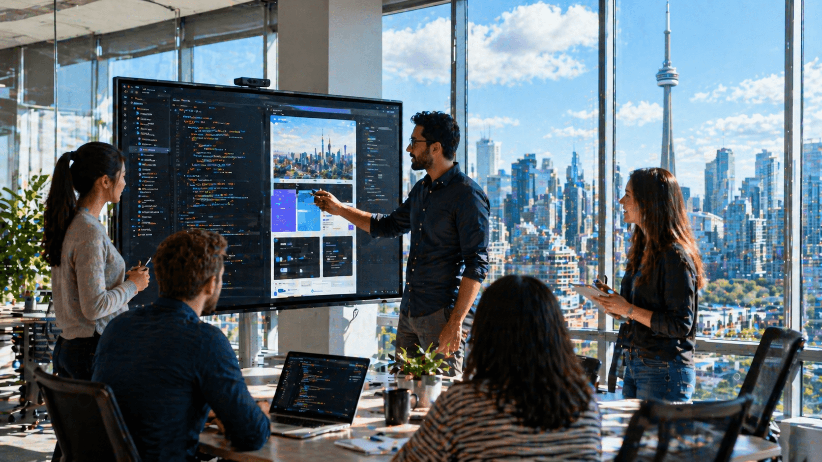 Professional web development team collaborating in a Toronto high-rise office with CN Tower visible, building a web application