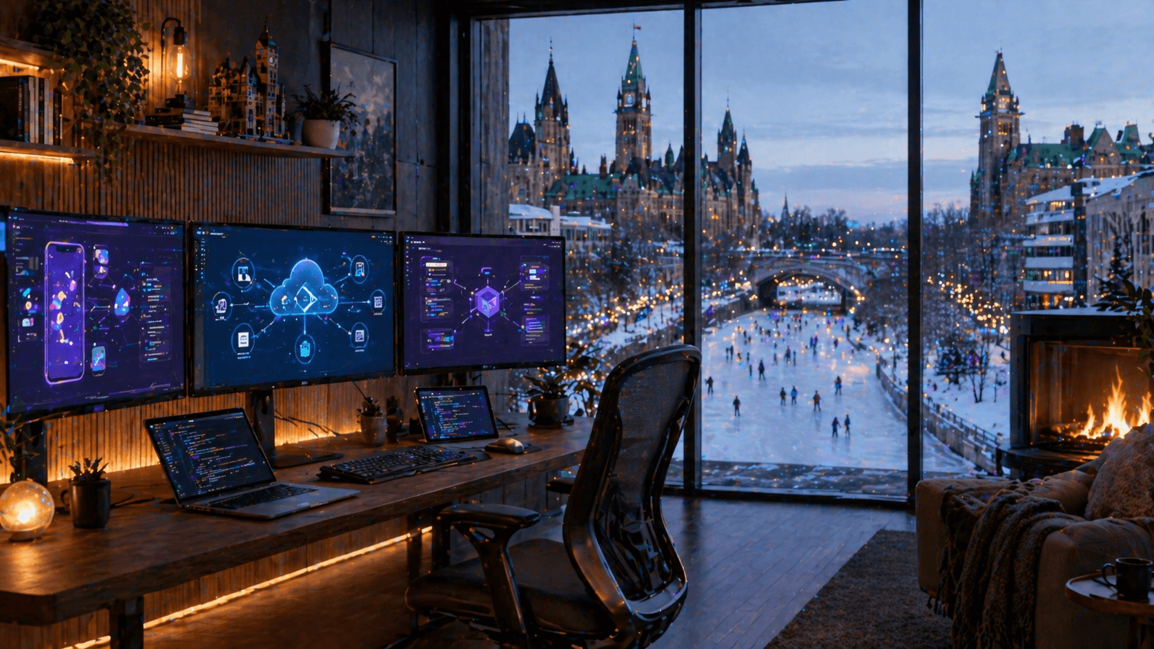 Modern Ottawa tech workspace with Rideau Canal view and screens showing trending web development technologies