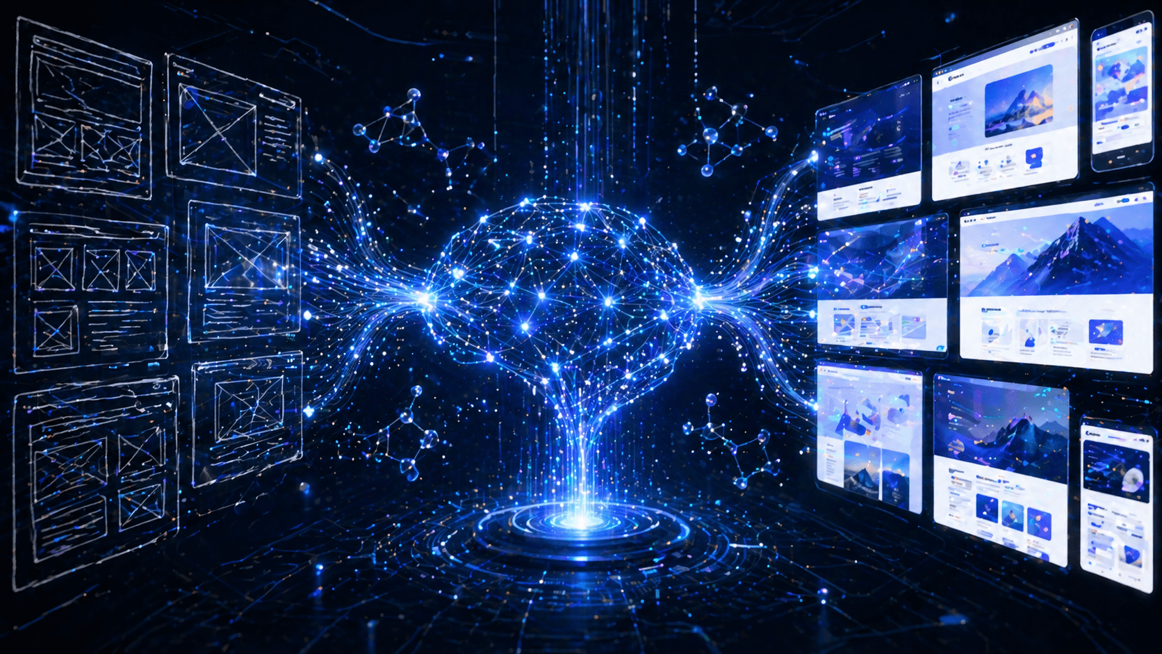 AI neural network transforming wireframe sketches into polished website designs through machine learning