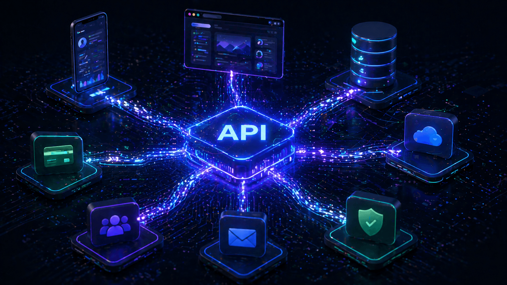 API gateway connecting web applications, mobile apps, databases, and third-party services through data pipelines