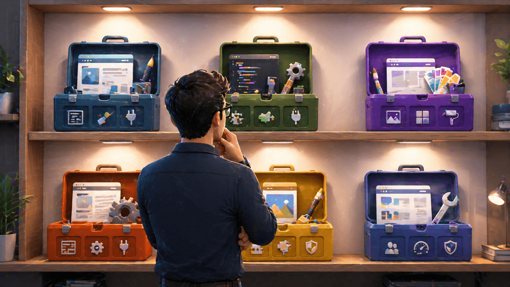 Business owner examining different CMS platform toolboxes on a shelf, each with unique editing and plugin tools