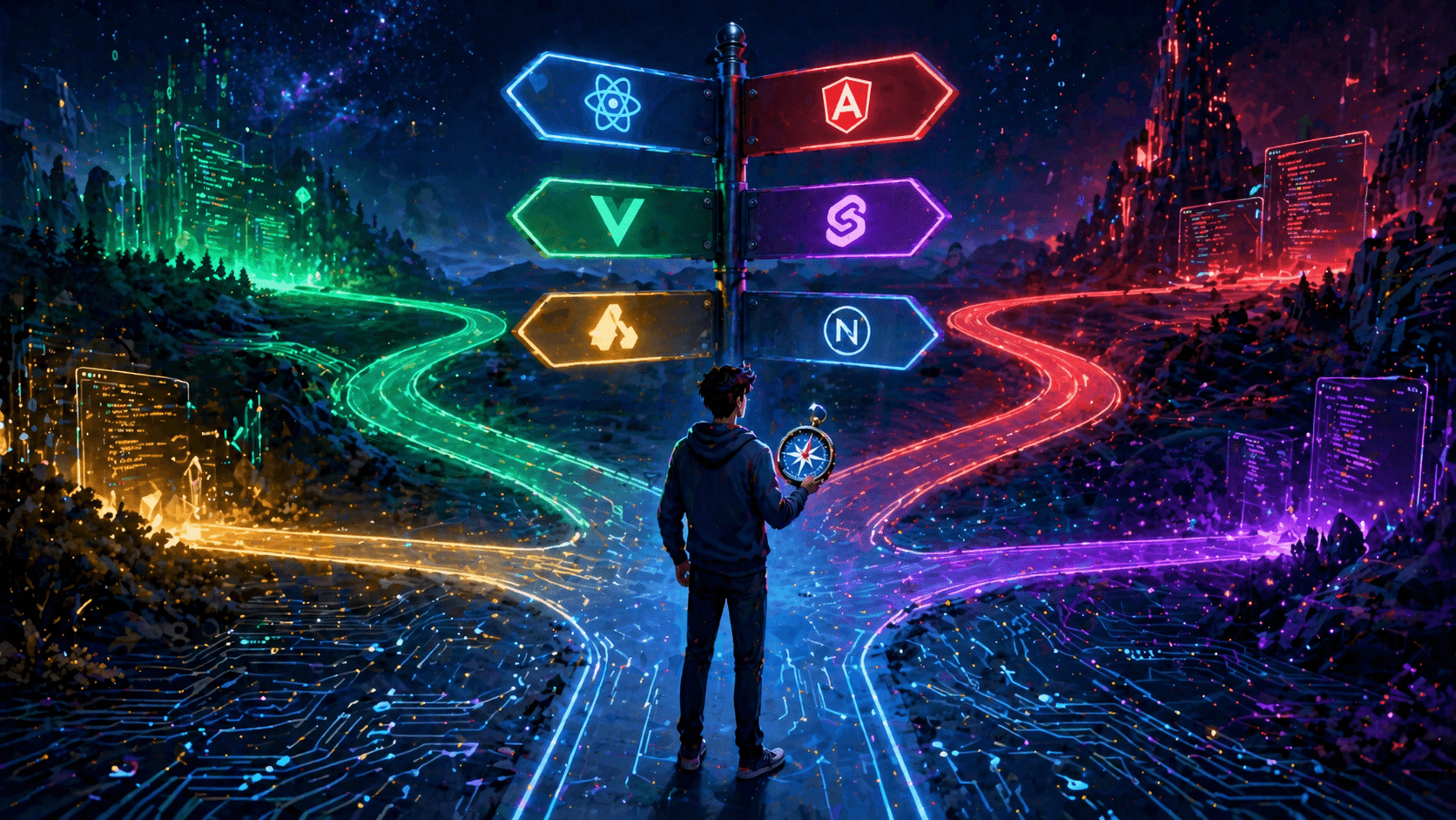 Developer standing at a crossroads choosing between different web development framework paths with a compass