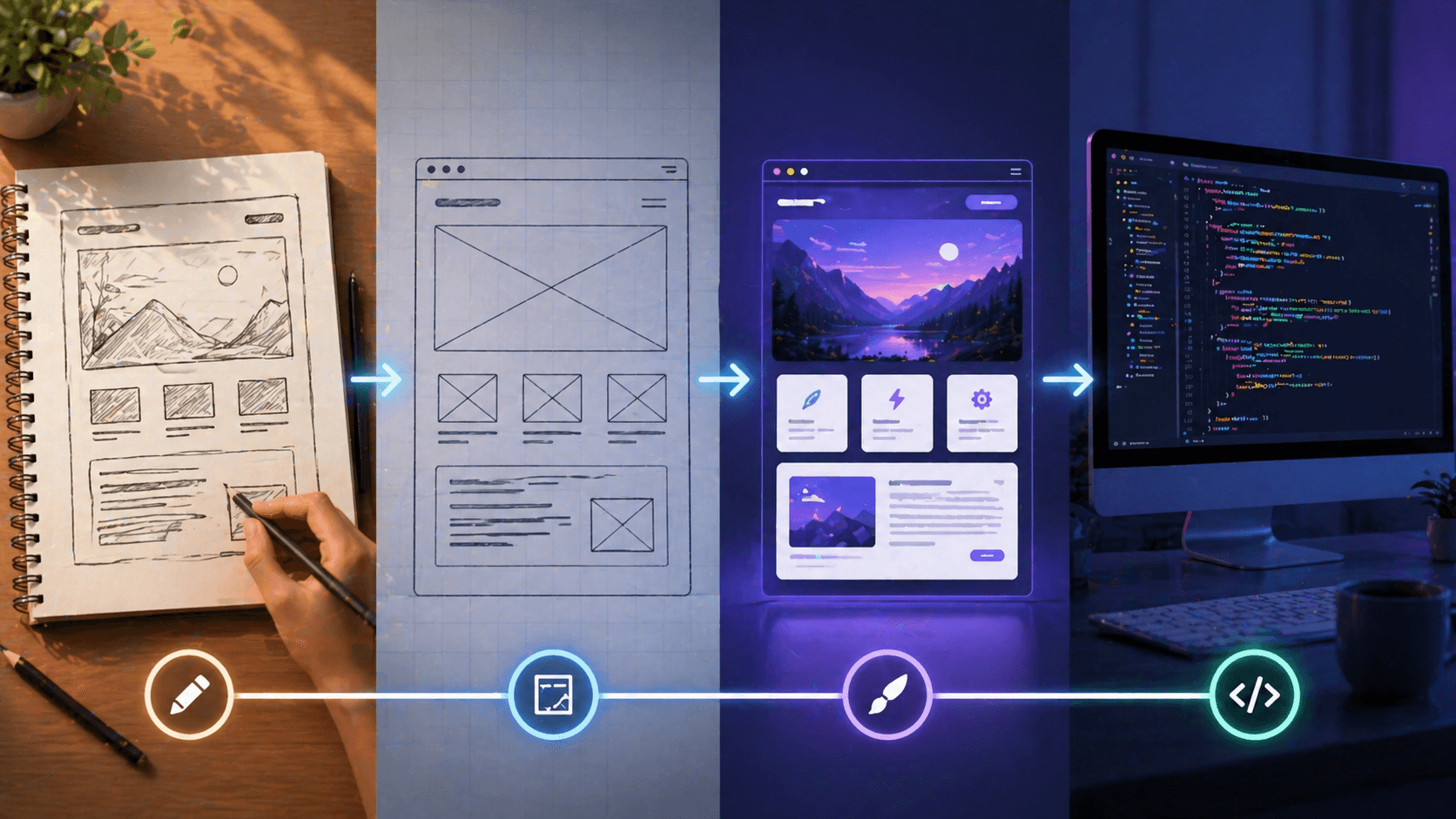 Web application development journey from hand-drawn sketch to wireframe to design mockup to running code