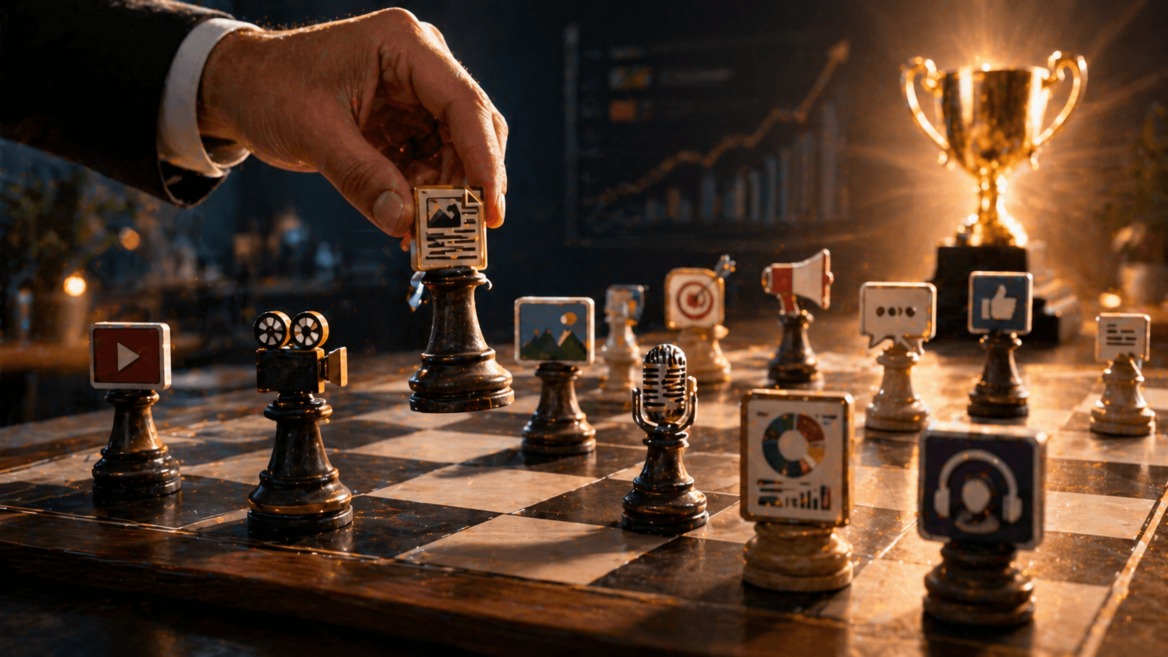 Chess board with content marketing pieces including blogs, videos, and infographics being strategically moved toward a trophy