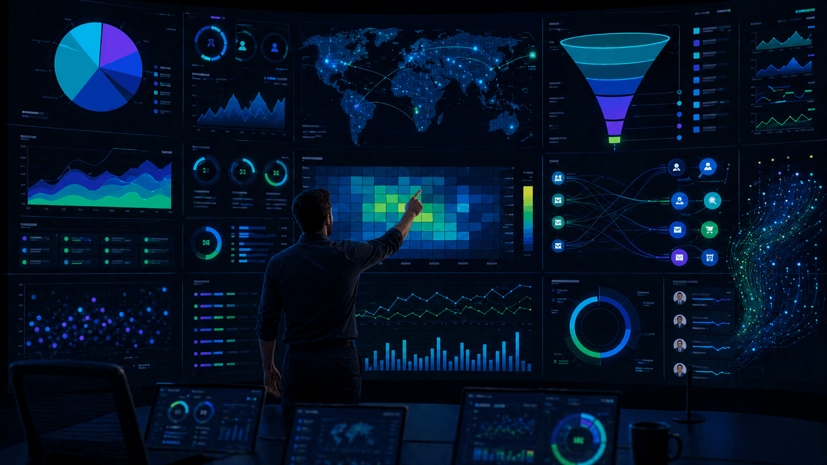 Marketing analytics dashboard with pie charts, heat maps, conversion funnels, and real-time data visualizations