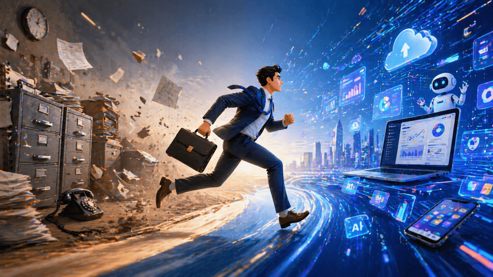 Business evolving from analog tools to modern digital technologies with a businessperson leading the digital transformation