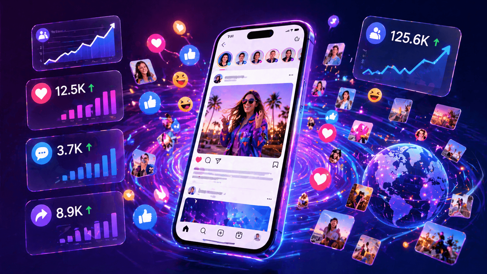 Smartphone displaying social media feed surrounded by engagement metrics, likes, shares, and follower growth charts