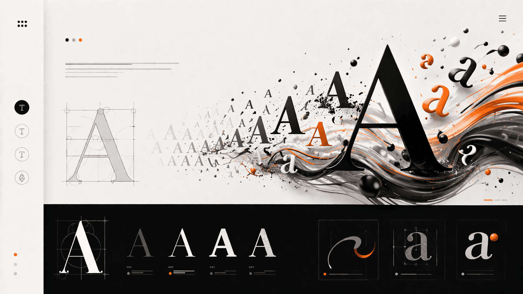 Typography samples flowing across a website layout showing different font weights, sizes, and visual hierarchy