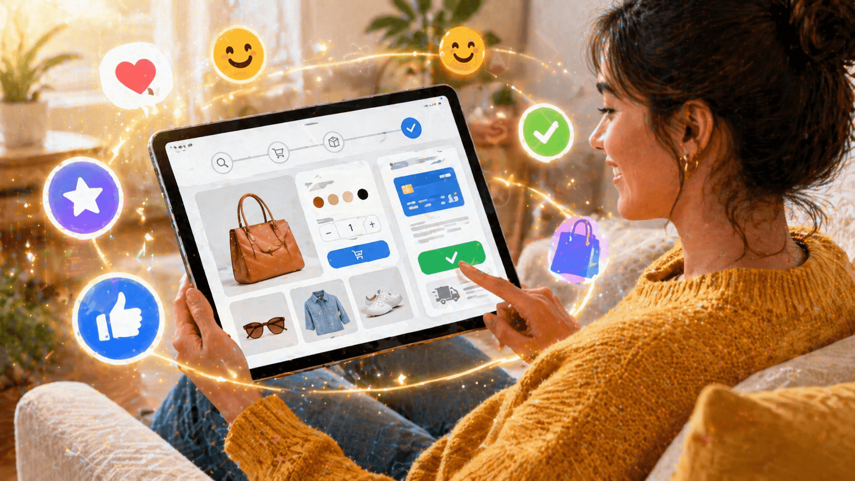 Happy customer navigating a user-friendly e-commerce website on a tablet with clean UI and simple checkout