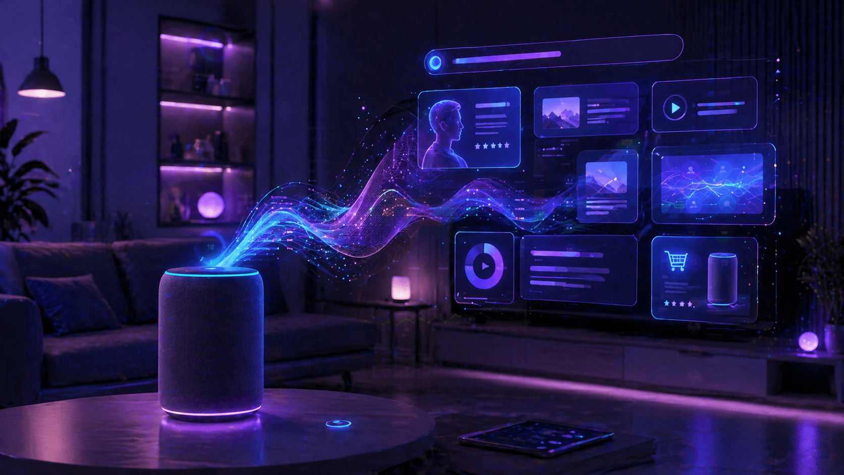 Smart speaker emitting sound waves transforming into search results in a futuristic living room setting