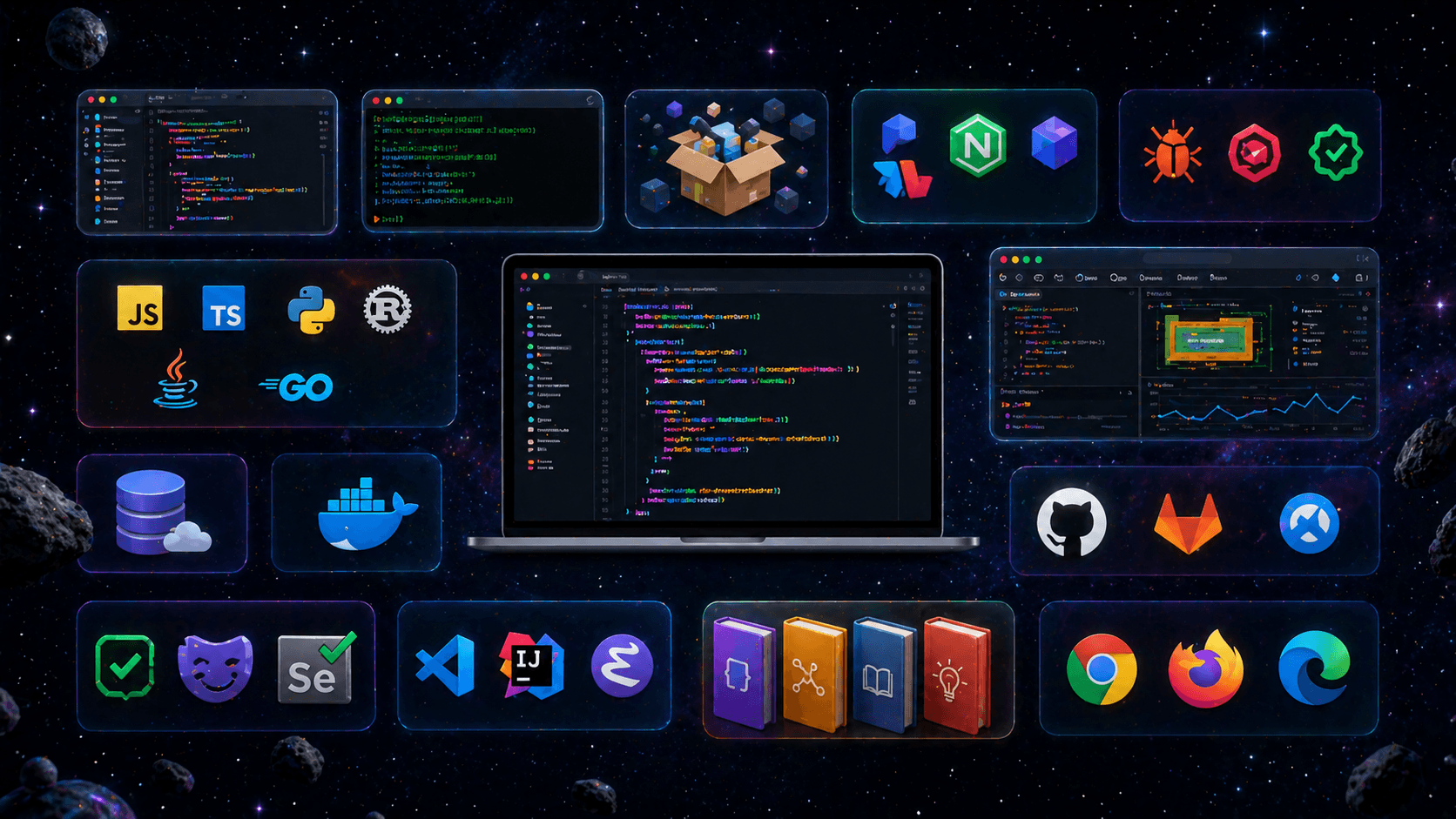 Web development toolkit with code editors, terminal windows, debugging tools, and browser dev tools arranged in a grid