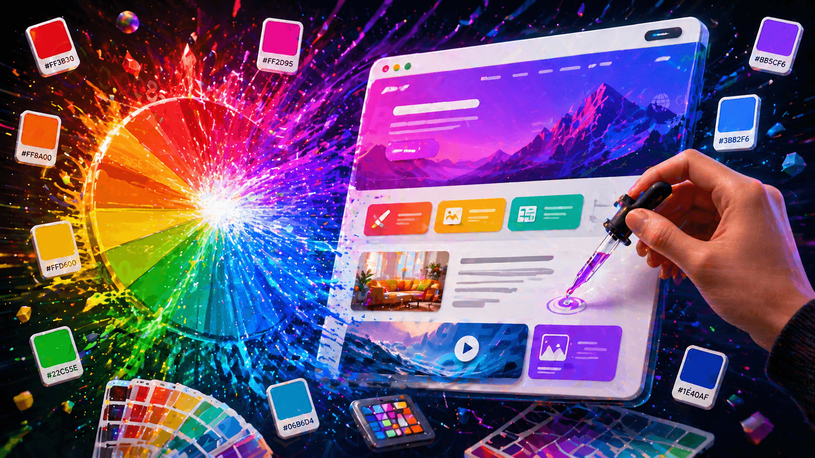 Color wheel exploding into a website design with paint swatches, hex codes, and a designer selecting colors