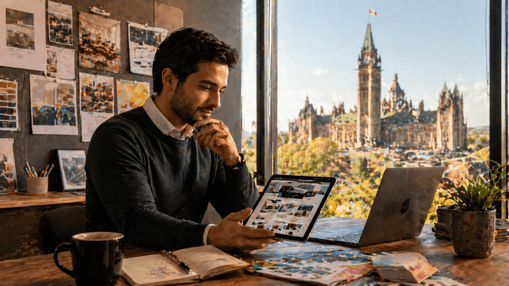 Ottawa business owner reviewing web designer portfolios in a modern office with Parliament Hill visible through the window