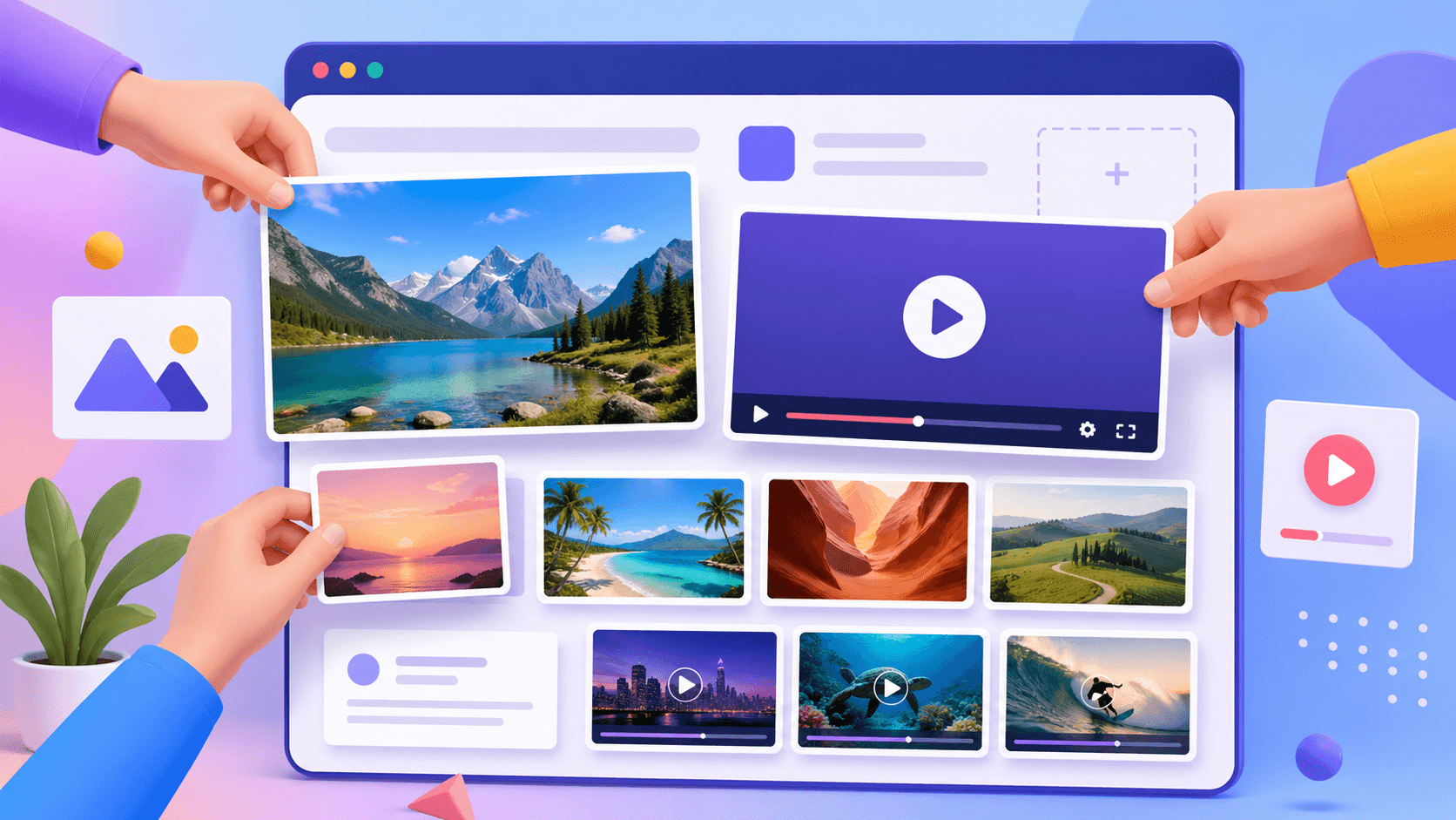 Website layout being assembled with image galleries, video players, and multimedia elements for web design