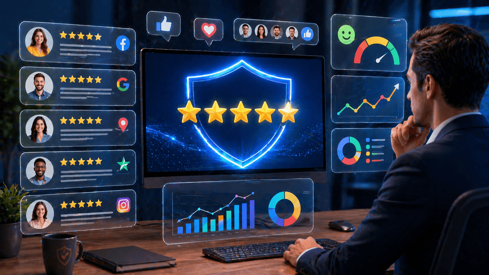 Online reputation management dashboard showing five-star ratings, reviews, social media mentions, and sentiment analysis
