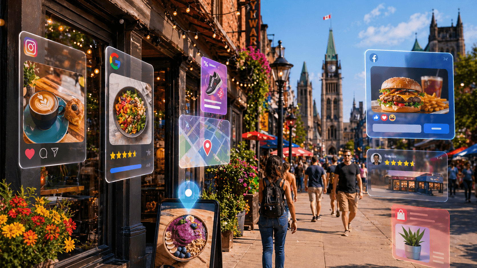 Ottawa ByWard Market street scene with small businesses using digital advertising overlays including social media and Google ads