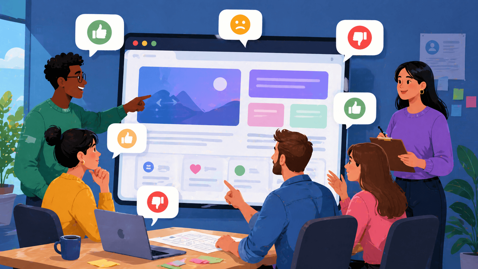 Diverse group of users testing a website prototype and providing feedback to a UX researcher