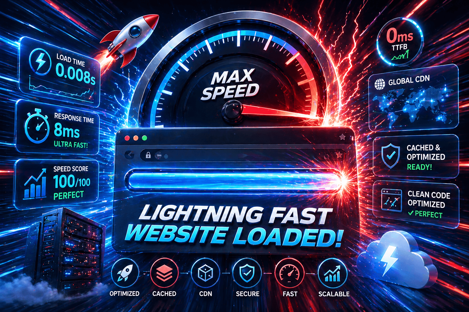 Website speed optimization speedometer showing fast loading times with performance optimization icons