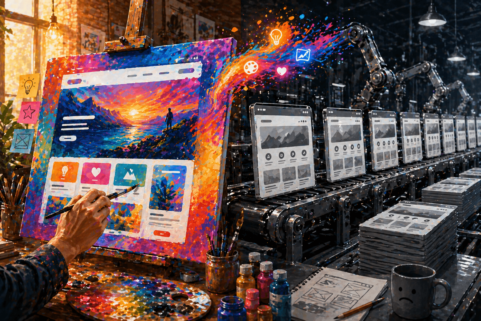 Artist painting a unique custom website on canvas versus a conveyor belt producing identical template websites