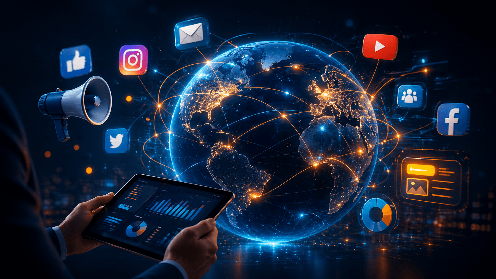 3D globe with glowing connections and digital marketing icons representing global business presence