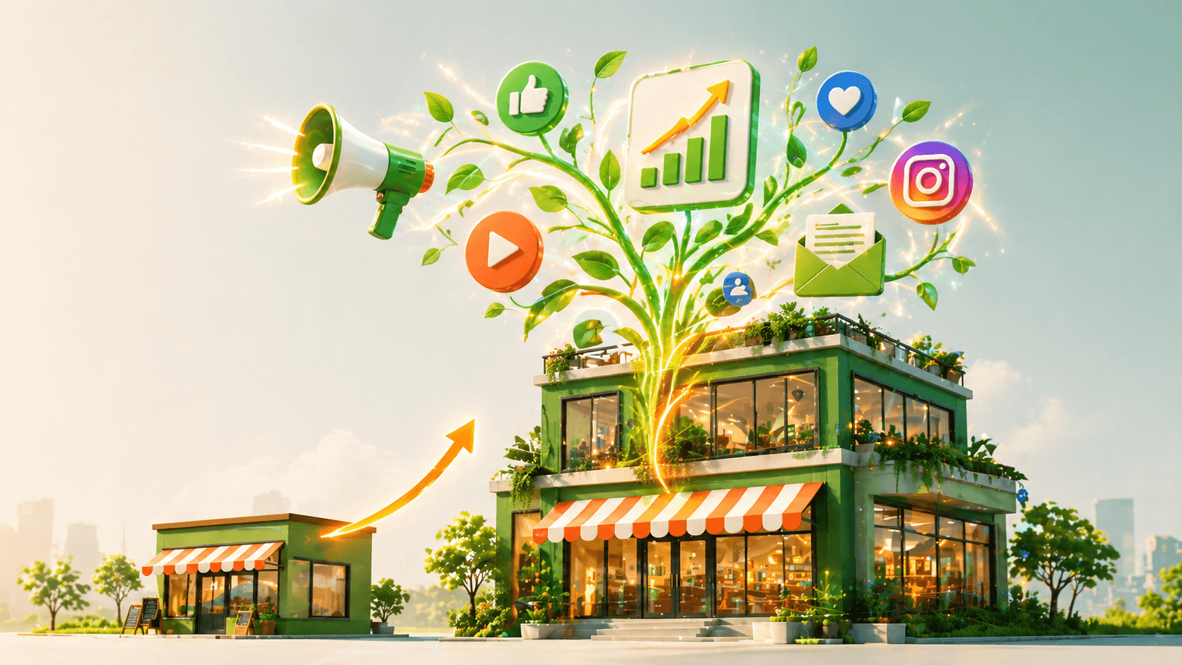 Small business storefront growing larger powered by digital marketing elements like social media, email, and analytics