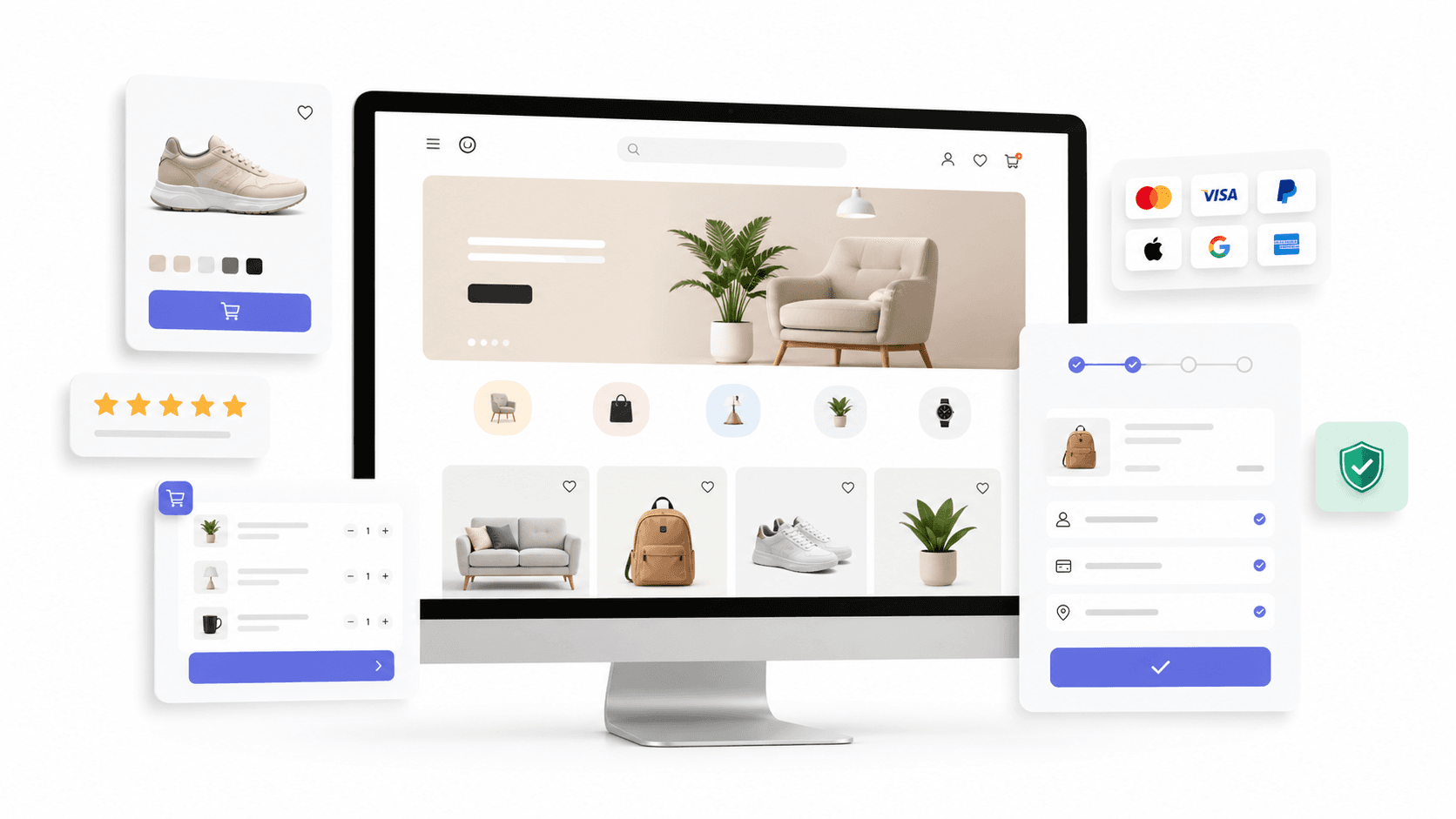 E-commerce website design best practices showing product cards, checkout flow, payment icons, and user interface elements