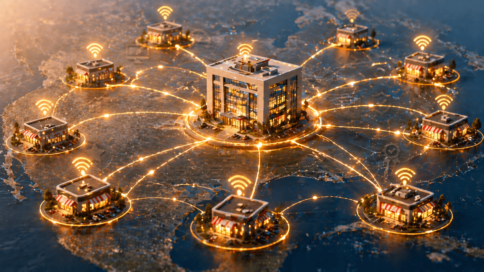 Franchise marketing network illustration showing headquarters connected to multiple franchise locations on a map