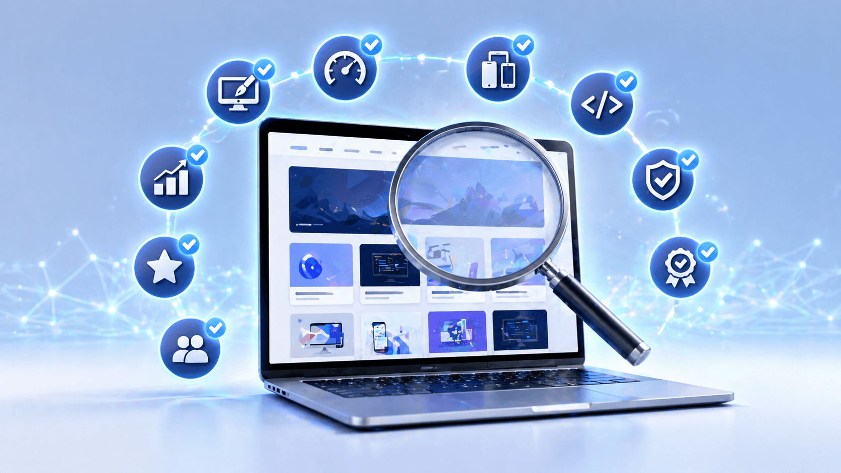 Magnifying glass examining web design portfolio with 10 key evaluation checkmark badges
