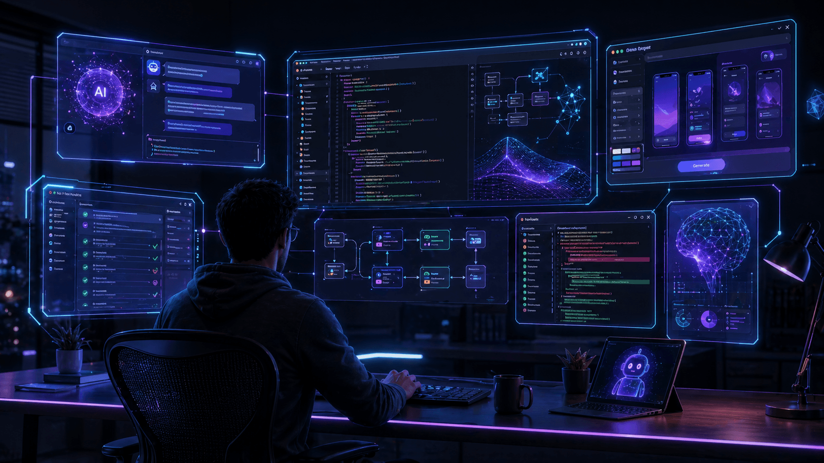 AI-powered web development tools displayed on holographic screens in a futuristic developer workspace