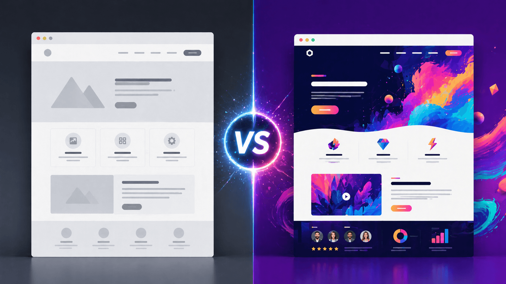 Visual comparison between a generic template website and a vibrant custom-designed website