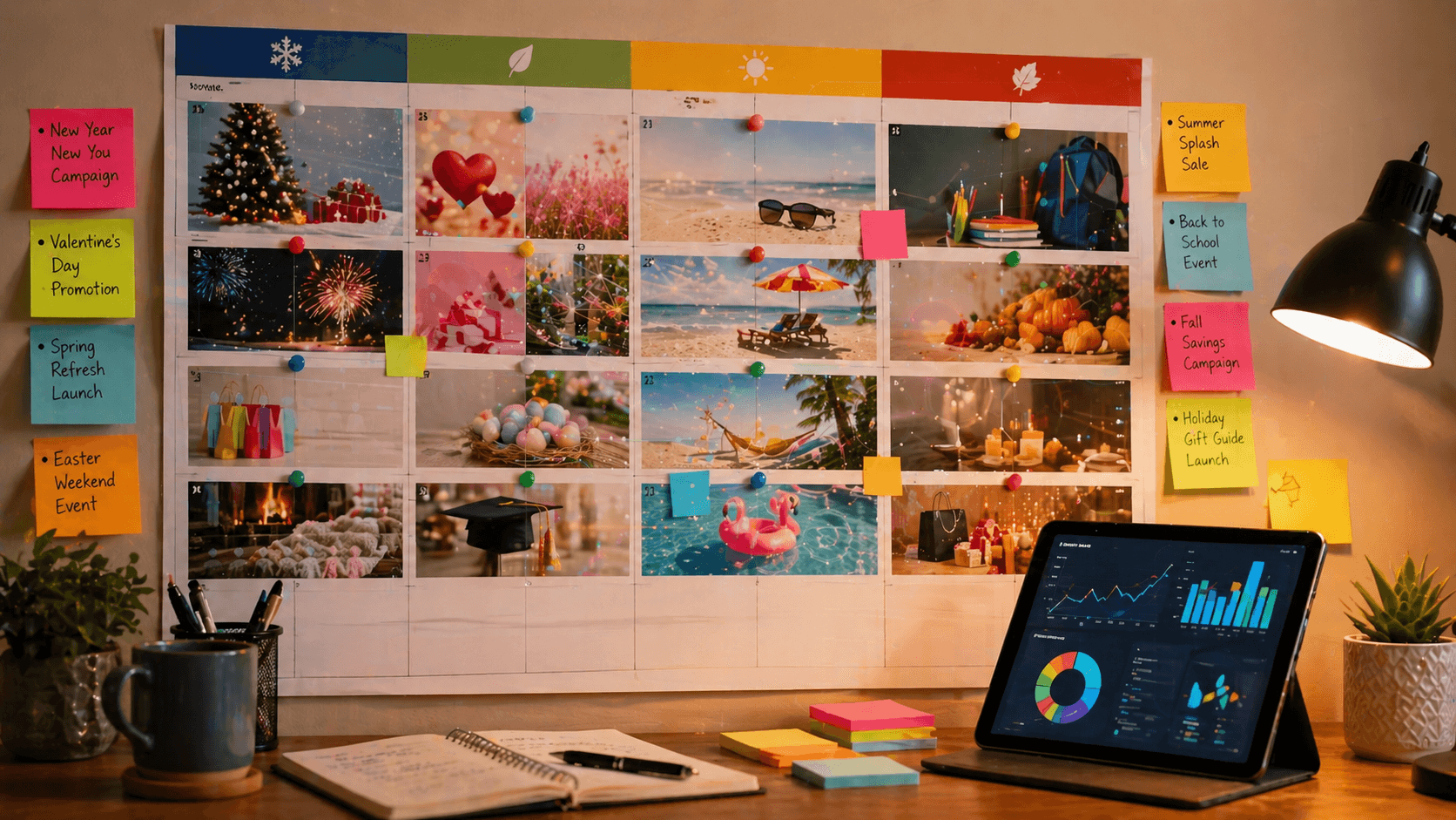 Seasonal marketing strategy calendar with campaign plans, promotional events, and analytics on a workspace wall